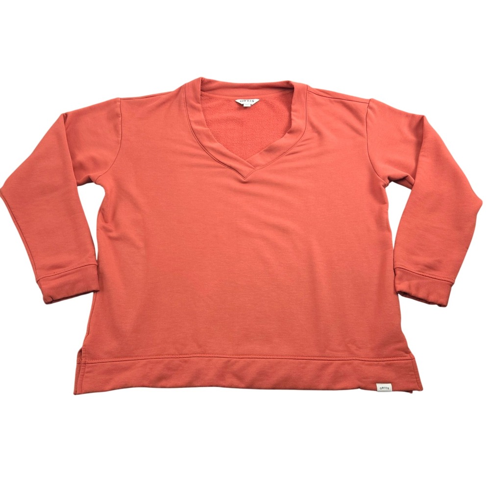 Orvis Sweatshirt Womens L Orange Vneck Modal Blend Pullover Cozy Comfy Casual